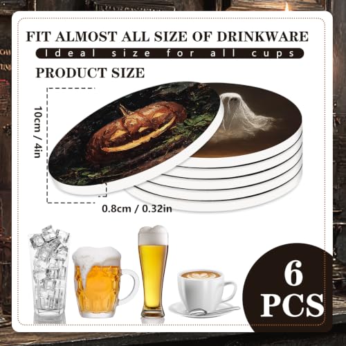Halloween Ceramic Coasters Set with Stand - Gothic Dark Style, 6 Pieces