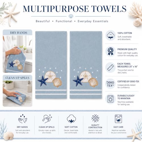 Gone Coastal Hand Towels for Bathroom - Light Blue Shells, Starfish & Sand Dollar - 2 Pack