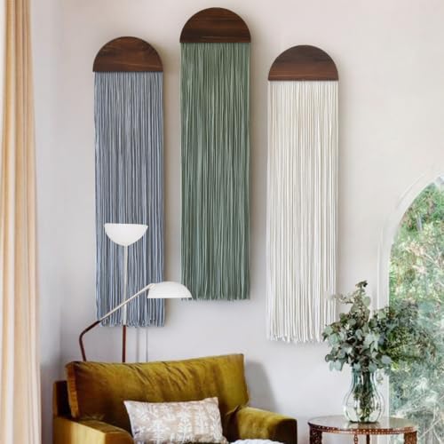 Macrame Wall Hanging Set - Wood Arch Tassel Decor 10x40 Inches, Ivory, Sage Green, Gray