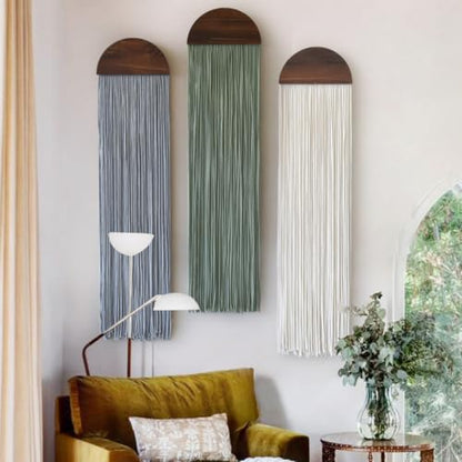 Macrame Wall Hanging Set - Wood Arch Tassel Decor 10x40 Inches, Ivory, Sage Green, Gray