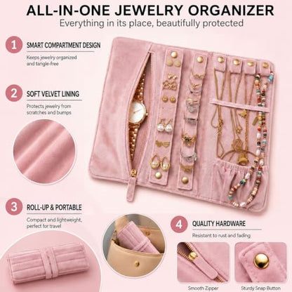 Travel Jewelry Organizer Case Pink Jewelry Roll for Necklaces Rings & Earrings