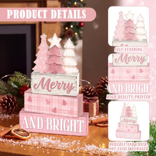 Pink Christmas Wooden Sign Set - Festive Holiday Table Decor, 4 Pieces