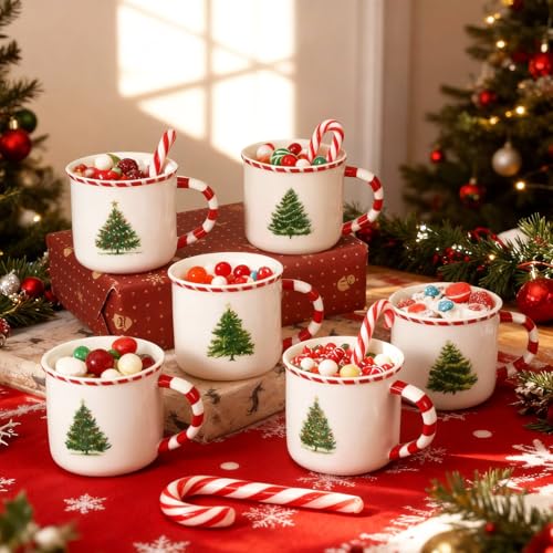 Vesici 6 Pack Christmas Mugs with Candy Cane Handle and Christmas Tree Pattern - 10 oz