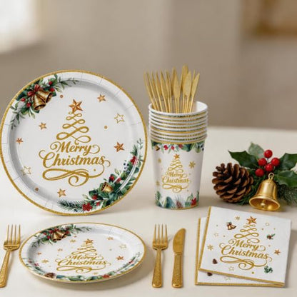 120-Piece Gold Christmas Party Tableware Set for 20 Guests - Disposable Dinnerware Kit
