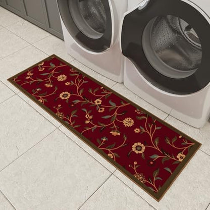 Ottomanson Hallway Runner Rug 20" x 53" Non Slip Floral Area Rugs Easy to Clean Laundry Rug Runner Durable & Pet Friendly Floor Carpet Runners for Hallways Entryway Living Room Kitchen Bathroom, Red