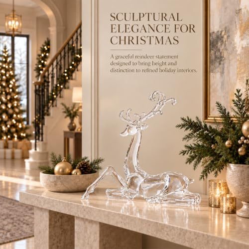 White Sitting Reindeer Christmas Decoration - Acrylic Crystal Finish - Small Variant
