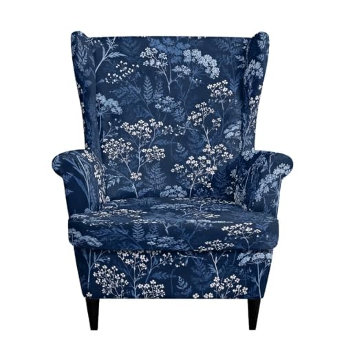 Blue Flower Leaves Wild Botanical Wingback Chair Slipcover 2-Piece Washable Furniture Protector