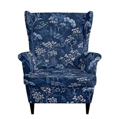 Blue Flower Leaves Wild Botanical Wingback Chair Slipcover 2-Piece Washable Furniture Protector