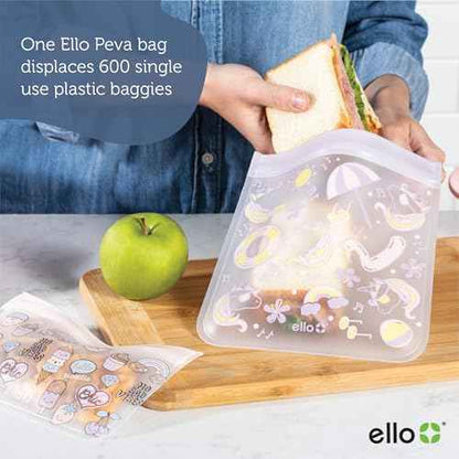 Ello 4 Pack Reusable Food Storage Bags, Resealable BPA-Free, Food-Safe PEVA, Feezer Safe and Leak-Proof