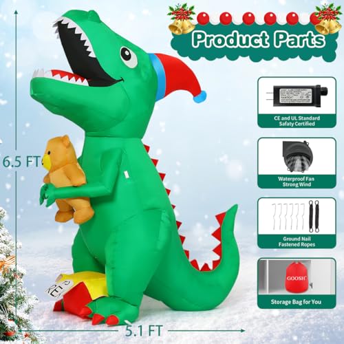 Christmas Dinosaur Inflatable Yard Decoration with LEDs, T Rex Holding Bear & Xmas Hat