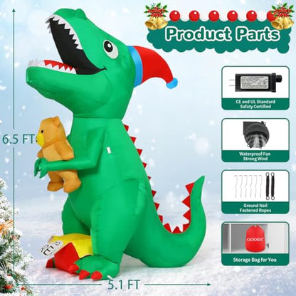 Christmas Dinosaur Inflatable Yard Decoration with LEDs, T Rex Holding Bear & Xmas Hat