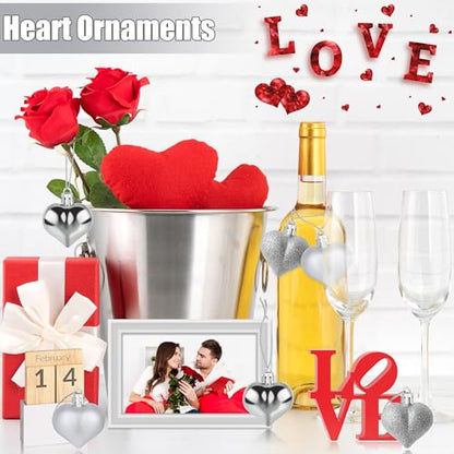 Silver Heart Ornaments 24 Pieces - Matte, Glossy & Glitter Finish, Valentine's Day Decor Variation of THIS listing: Silver / 24