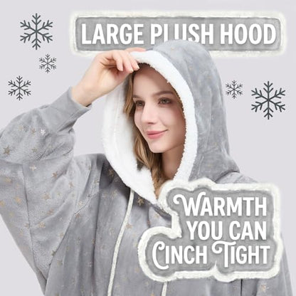 Wearable Blanket Hoodie for Women - Silver Foil Star Oversized Sherpa Pullover
