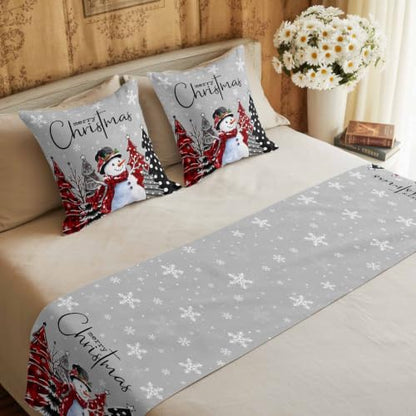 Queen Size Christmas Bed Runner with Pillow Covers - Gray Green Snowman & Pine Tree Pattern, 83x20 Inches - Holiday Decor