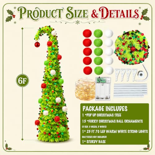 6 FT Green Whimsical Curved Pop Up Christmas Tree with Lights & Ornaments