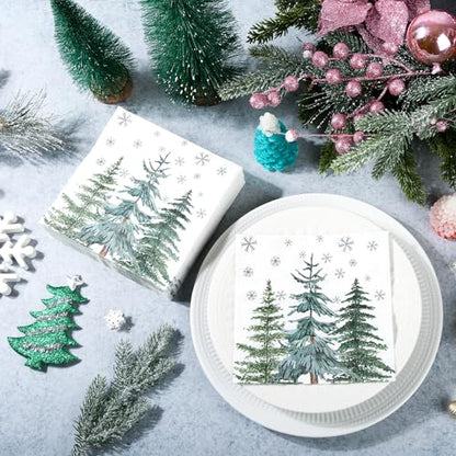 100 Pcs Christmas Tree Napkins 6.5 x 6.5 Inch Biodegradable 2-Ply Snowflake Pine Design