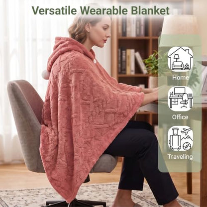 Watermelon Red Hooded Fleece Poncho Cape with Pom Pom for Women 55x39in - Divguf