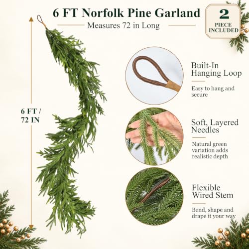 Green 6FT Christmas Garland with Real Touch Norfolk Pine - 2 Pack