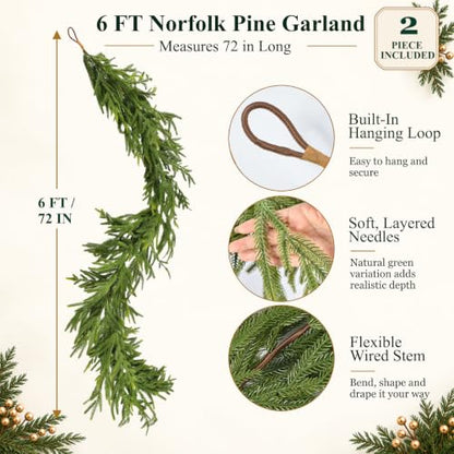 Green 6FT Christmas Garland with Real Touch Norfolk Pine - 2 Pack
