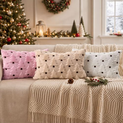 20x12 Inch Christmas Lumbar Pillow Cover Beige Plush Faux Fur Winter Home Decor