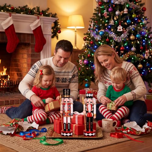 2-Piece 12-Inch Wooden Christmas Nutcracker Decor Set - Checkered Soldier Figures