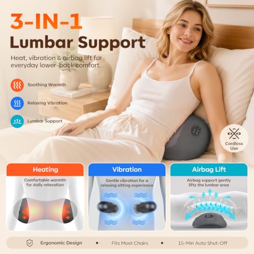 Rechargeable Back Massager with Heat Vibration and Traction - Cordless Lumbar Support