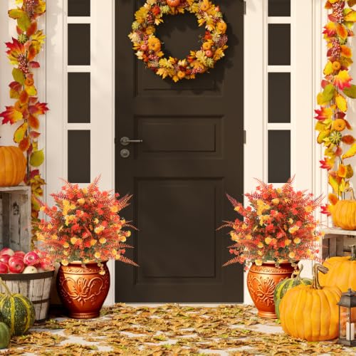 Fall Topiary Ball Flowers with Spike - Artificial Outdoor Plant, 24 Inch, 2 Pack