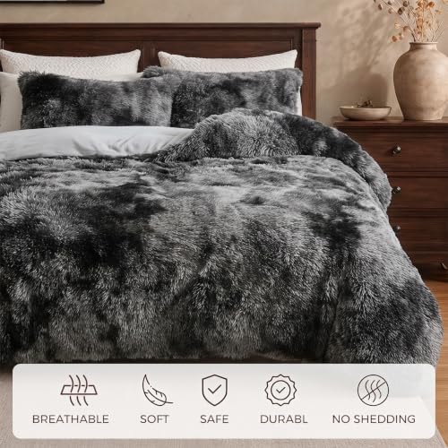 Tie-Dye Dark Grey Fluffy Queen Comforter Set - Luxurious Plush Bedding with Pillowcases