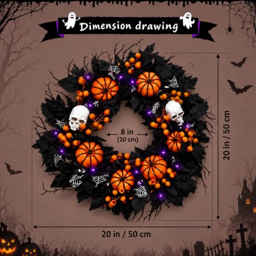 20-Inch Halloween Wreath with Purple LED Lights for Front Door - Spooky Outdoor Decor