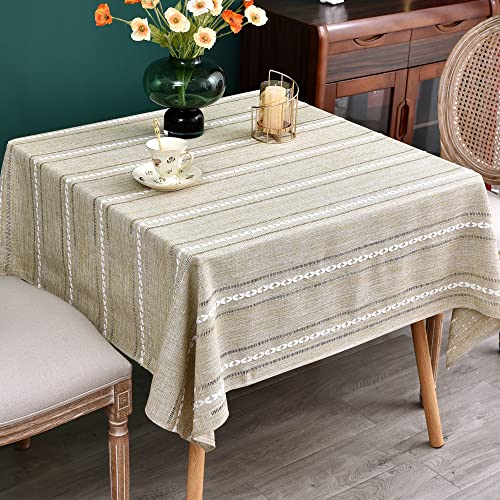 Farmhouse Embroidered Linen Texture Square Tablecloth 70x70 Inch Almond Buff