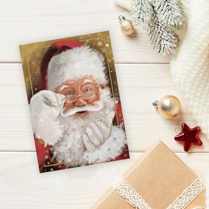 Sparkling Santa Christmas Cards Set - Gold Foil Holiday Greeting Cards with Inside Verse, 16 Pack, 5 5/8 x 7 7/8 Inches, Made in USA