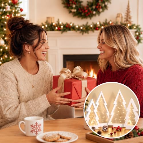 6 Pcs Wooden Christmas Trees with Lights Set - White Tabletop Holiday Decor - Variation of 6