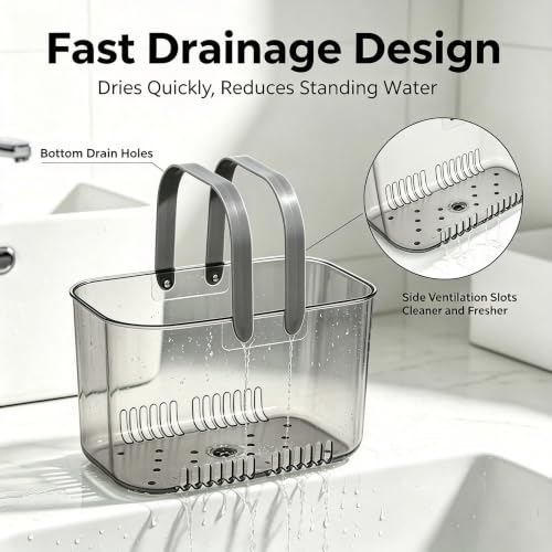 Gray Shower Caddy with Handle & Drain Holes for Bathroom Dorm Gym