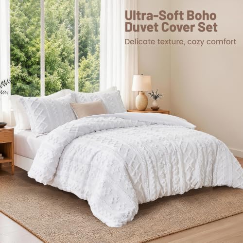 Queen Boho Duvet Cover Set with Tufted Geometric Texture - White