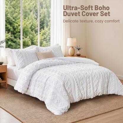 Queen Boho Duvet Cover Set with Tufted Geometric Texture - White