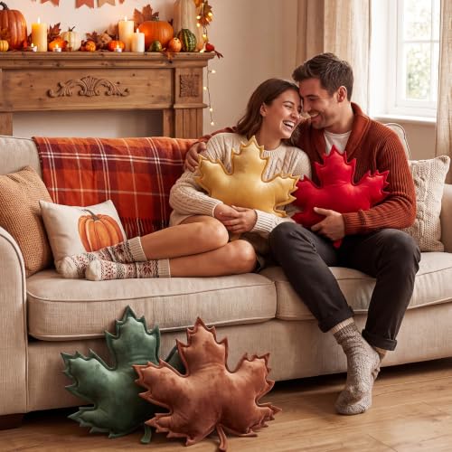 Fall Maple Leaf Plush Throw Pillow Set - Autumn Home Decor 4 Pieces