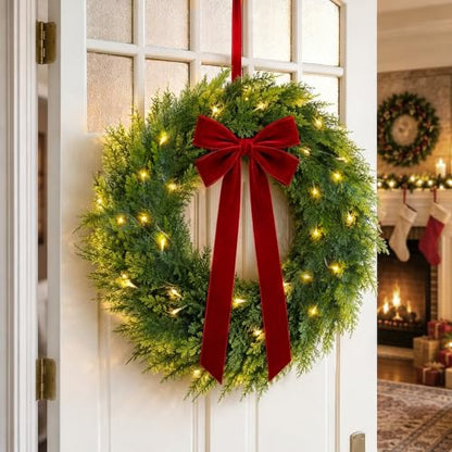 Pre-Lit Christmas Wreath 22 Inch with Red Velvet Bow - Green & Red