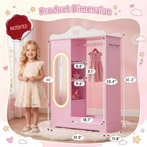 Kids Lighted Mirror Armoire - Pink Dress-Up Closet with Jewelry Storage