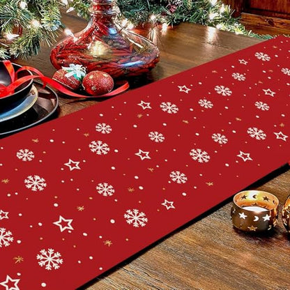 Christmas Gnomes Table Runner 13x36 Inch Red Snowflake Holiday Decor Glitter