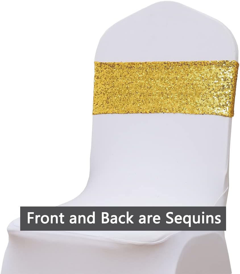 Sequin Gold Chair Sashes by Pack of 50 | Spandex Bands with Buckles for Weddings & Parties