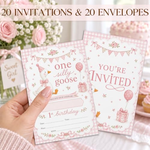 Pink Goose 1st Birthday Invitations - Silly Goose Theme, 20 Pack, 4x6 Inches, Pink Variation