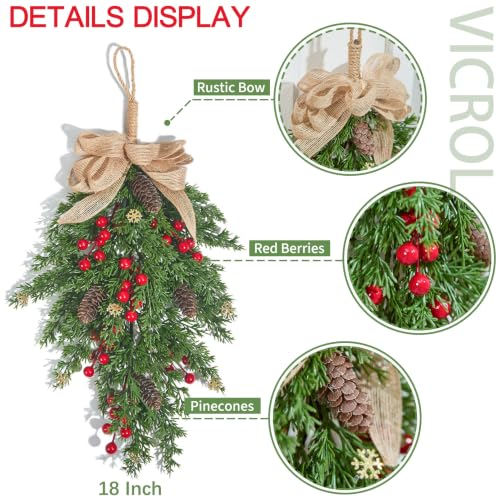 Red 18-Inch Christmas Cedar Swag with Berries Pinecones & Bow - Set of 2