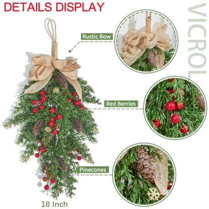 Red 18-Inch Christmas Cedar Swag with Berries Pinecones & Bow - Set of 2