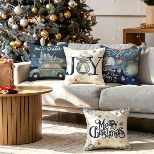 Christmas Pillow Covers Set of 4 20x20 Inch - Holiday Decor Cushion Cases