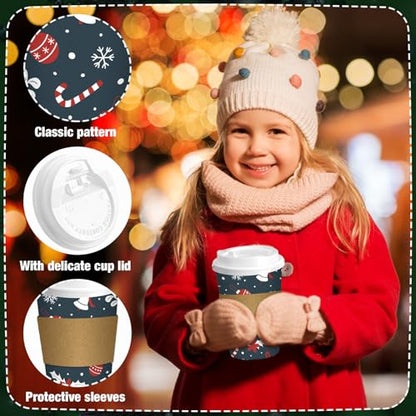 Christmas Paper Cups with Lids & Sleeves - Santa 12 oz Holiday Drinkware