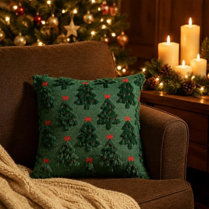 Christmas Tree Pillow Cover 18x18 Inch Faux Fur Jacquard Winter Decor - 1 Piece
