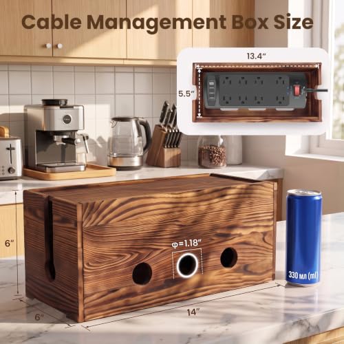 Wooden Cable Management Box 14 Inch Large Cord Organizer for Power Strip Surge Protector