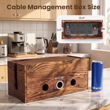 Wooden Cable Management Box 14 Inch Large Cord Organizer for Power Strip Surge Protector