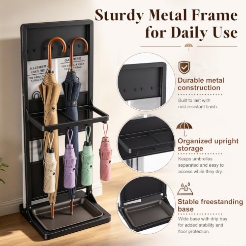 Large Wet Umbrella Stand with Bag Holder and Drip Tray - Entryway Organizer