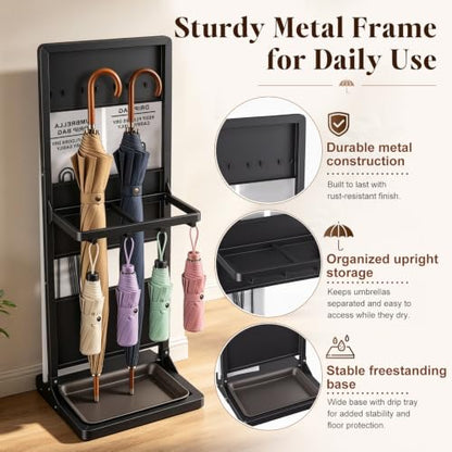Large Wet Umbrella Stand with Bag Holder and Drip Tray - Entryway Organizer